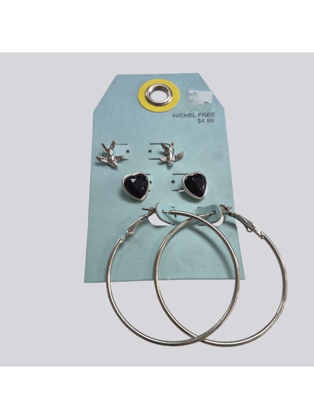 Nickel Free Earrings Bird Heart & Hoop Silver Black Set 3 Vintage Target